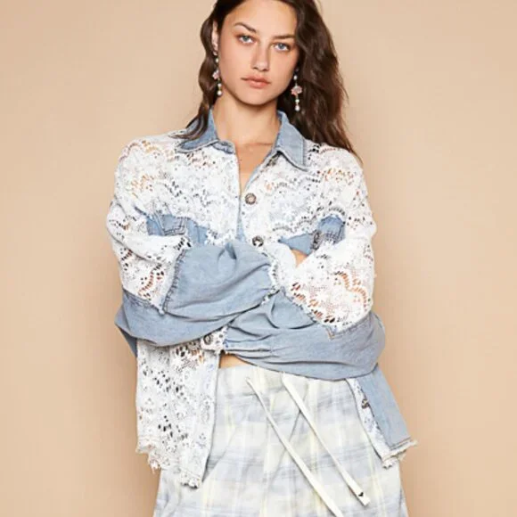POL Denim & Lace Whimsical Shacket Size Small